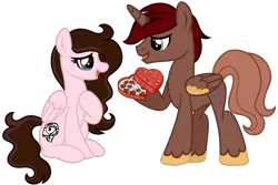 Size: 1280x854 | Tagged: safe, artist:lupulrafinat, derpibooru import, oc, unofficial characters only, alicorn, pony, alicorn oc, chocolate, colored wings, crying, eyelashes, female, food, holiday, hoof on chest, horn, image, male, mare, oc x oc, png, shipping, simple background, smiling, stallion, straight, tears of joy, transparent background, two toned wings, uns, valentine's day, wings