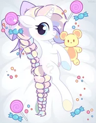 Size: 1000x1280 | Tagged: safe, artist:fenix-artist, derpibooru import, oc, unofficial characters only, pony, unicorn, body pillow, body pillow design, braid, candy, commission, eyelashes, female, food, horn, image, jpeg, lollipop, mare, plushie, teddy bear, unicorn oc, ych result