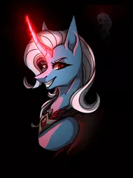 Size: 1280x1707 | Tagged: safe, artist:baradalilly, derpibooru import, trixie, pony, unicorn, alicorn amulet, black background, bust, curved horn, eyebrows, fangs, female, grin, horn, image, jpeg, looking at you, magic, mare, simple background, smiling, smiling at you, solo