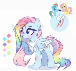 Size: 3127x2910 | Tagged: safe, artist:fenix-artist, derpibooru import, fluttershy, rainbow dash, oc, pegasus, pony, blood, colored wings, female, image, jpeg, magical lesbian spawn, mare, multicolored hair, neckerchief, nosebleed, offspring, parent:fluttershy, parent:rainbow dash, parents:flutterdash, pegasus oc, rainbow hair, raised hoof, two toned wings, wings