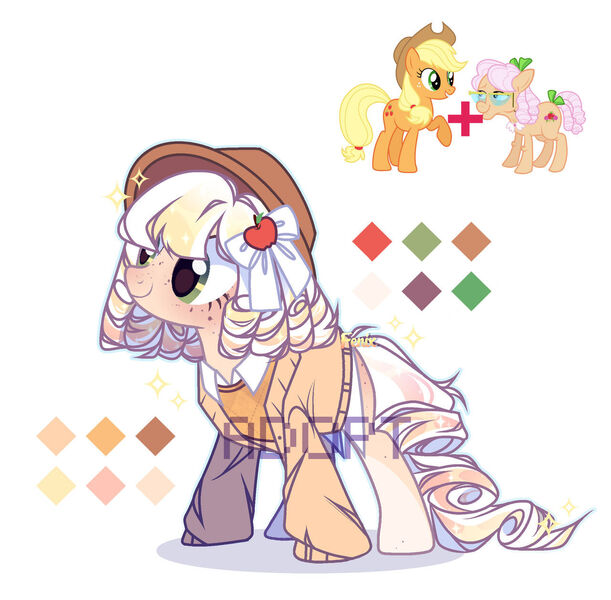 Size: 1280x1256 | Tagged: safe, artist:fenix-artist, derpibooru import, apple rose, applejack, earth pony, pony, female, hat, image, jpeg, magical lesbian spawn, mare, offspring, parent:apple rose, parent:applejack, raised hoof