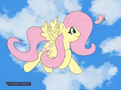 Size: 4167x3099 | Tagged: safe, artist:phosphorshy, derpibooru import, fluttershy, butterfly, insect, pegasus, pony, cloud, flying, high res, image, png, signature, signed, sky, solo, spread wings, wings