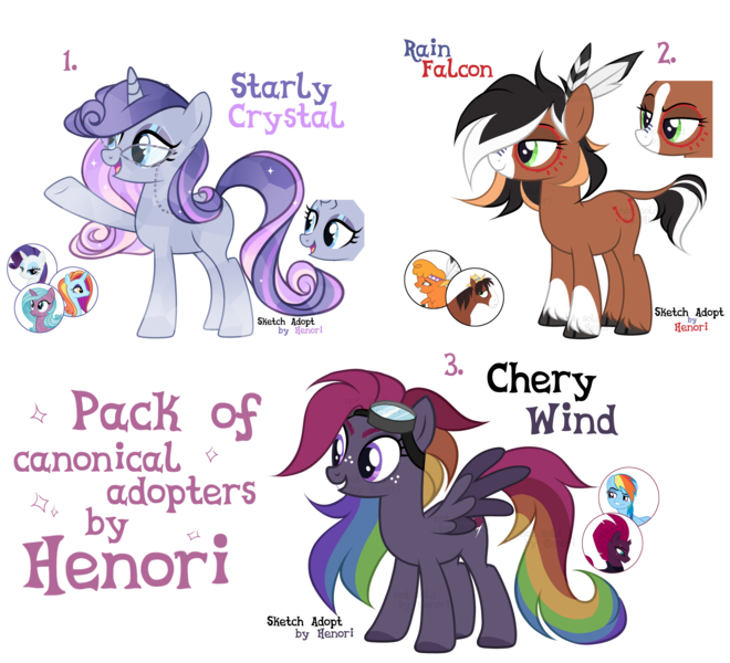 Size: 5500x5000 | Tagged: safe, artist:henorinya, derpibooru import, idw, little strongheart, radiant hope, rainbow dash, rarity, sassy saddles, tempest shadow, trouble shoes, oc, oc:chery wind, oc:rain falcon, oc:starly crystal, buffalo, pegasus, pony, unicorn, freckles, fusion, goggles, image, multicolored hair, png, rainbow hair