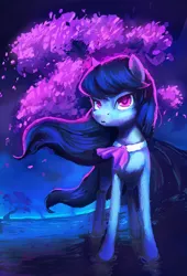 Size: 3000x4400 | Tagged: safe, artist:terrafomer, derpibooru import, octavia melody, earth pony, pony, cherry blossoms, female, flower, flower blossom, image, mare, png, puddle, solo, tree, water, wind, windswept mane