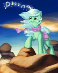 Size: 3000x3746 | Tagged: safe, artist:terrafomer, derpibooru import, lyra heartstrings, pony, unicorn, clothes, female, glow, glowing horn, horn, image, magic, mare, music notes, png, rock, scarf, smiling, solo, wind, windswept mane