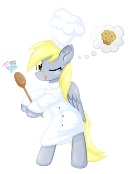 Size: 1578x2107 | Tagged: safe, artist:rainbow eevee, derpibooru import, derpy hooves, pegasus, pony, baker, bipedal, chef, chef's hat, cute, derpabetes, eyelashes, female, folded wings, food, hat, image, muffin, one eye closed, png, simple background, solo, spoon, standing, thought bubble, tongue out, transparent background, vector, wings, wooden spoon, yellow hair