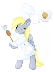 Size: 1578x2107 | Tagged: safe, artist:rainbow eevee, derpibooru import, derpy hooves, pegasus, pony, baker, bipedal, chef, chef's hat, cute, derpabetes, eyelashes, female, folded wings, food, hat, image, muffin, one eye closed, png, simple background, solo, spoon, standing, thought bubble, tongue out, transparent background, vector, wings, wooden spoon, yellow hair