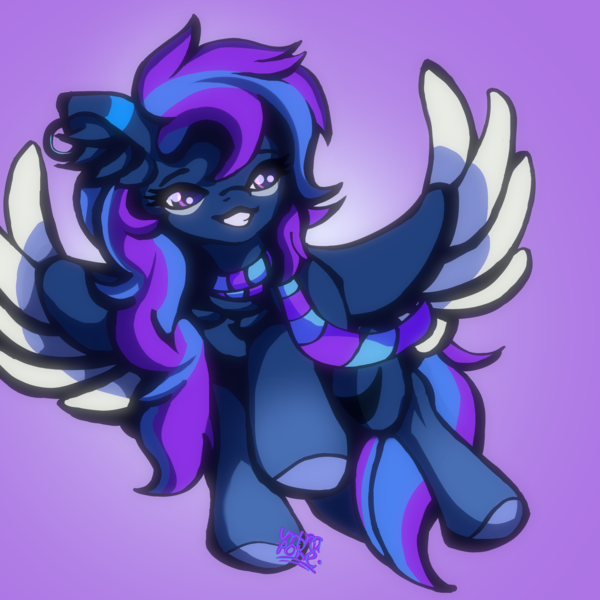 Size: 3000x3000 | Tagged: safe, artist:umbrapone, derpibooru import, oc, oc:sylvie, unofficial characters only, pegasus, pony, blue mane, blue tail, cel shading, chest fluff, clothes, ear fluff, earpiece, flying, hooves, image, long mane, markings, pegasus oc, png, purple eyes, purple mane, purple tail, scarf, shading, simple background, smiling, solo, striped mane, striped scarf, tail, teeth, wings