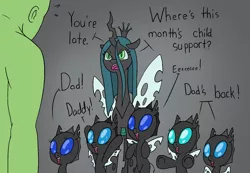 Size: 1565x1080 | Tagged: safe, artist:happy harvey, derpibooru import, queen chrysalis, oc, oc:anon, ponified, changeling, changeling queen, human, pony, angry, colt, dialogue, drawn on phone, drawthread, excited, father, father and child, female, filly, foal, happy, image, male, mother, mother and child, png, pregnant, sweat, sweatdrop