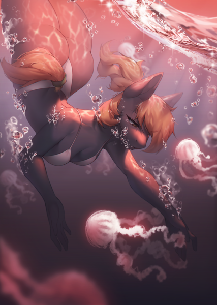 Size: 1507x2118 | Tagged: suggestive, artist:mashiro, derpibooru import, oc, unofficial characters only, anthro, jellyfish, butt, clothes, commission, image, ocean, png, solo, swimsuit, water, ych result