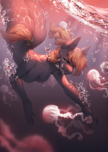 Size: 1507x2118 | Tagged: suggestive, artist:mashiro, derpibooru import, oc, unofficial characters only, anthro, jellyfish, breasts, butt, commission, image, ocean, png, solo, water, ych result