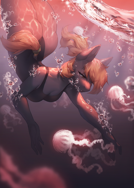Size: 1507x2118 | Tagged: suggestive, artist:mashiro, derpibooru import, oc, unofficial characters only, anthro, jellyfish, butt, clothes, commission, image, ocean, png, solo, swimsuit, water, ych result