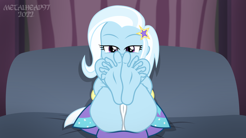 Size: 1280x720 | Tagged: suggestive, artist:metalhead97, derpibooru import, trixie, equestria girls, equestria girls series, ass, bedroom eyes, butt, cameltoe, clothes, couch, feet, feet up, fetish, foot fetish, foot focus, image, legs, lidded eyes, long hair, looking at you, panties, panty shot, png, presenting, show accurate, skirt, spread toes, sultry pose, underwear