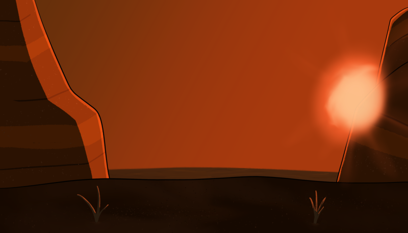 Size: 3500x2000 | Tagged: safe, alternate version, artist:memeancholy, derpibooru import, fallout equestria, apoc touc, background, dead plant, desert, dry, fallout, heat, image, light rays, mesa, orange background, png, shadow, shadows, simple background, sun, sunset, wasteland