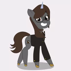 Size: 2500x2500 | Tagged: safe, artist:nihithebrony, derpibooru import, oc, oc:sonata, unofficial characters only, pony, unicorn, brown eyes, brown hair, clothes, elements of justice, female, glasses, image, looking at you, mare, png, simple background, smiling, smiling at you, suit, turnabout storm