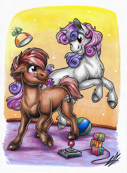 Size: 2481x3386 | Tagged: safe, artist:lupiarts, derpibooru import, button mash, sweetie belle, unicorn, artwork, ball, blocks, blushing, colored, colorful, cute, drawing, female, happy, illustration, image, jpeg, male, romance, shipping, straight, sweetiemash, traditional art