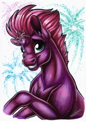Size: 2485x3533 | Tagged: safe, artist:lupiarts, derpibooru import, fizzlepop berrytwist, tempest shadow, artwork, broken horn, colored, colorful, cute, drawing, fanart, female, fireworks, horn, illustration, image, jpeg, looking at you, magic, solo, solo female, traditional art