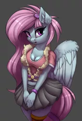Size: 1828x2696 | Tagged: safe, artist:pony-way, derpibooru import, kerfuffle, anthro, pegasus, pony, rainbow roadtrip, arm band, beautiful, breasts, busty kerfuffle, clothes, cute, ear fluff, female, fufflebetes, gray background, image, looking at you, mare, midriff, miniskirt, moe, pincushion, pleated skirt, png, simple background, skirt, solo, vest