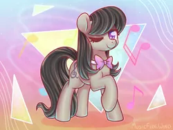 Size: 1600x1200 | Tagged: safe, artist:musicfirewind, derpibooru import, octavia melody, earth pony, pony, 80's-ish, bowtie, collar, female, full body, gradient background, image, looking at you, music notes, one eye closed, one hoof raised, png, raised hoof, signature, solo, wink