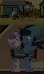 Size: 1280x2160 | Tagged: safe, edit, edited screencap, editor:jerryakiraclassics19, screencap, blues, noteworthy, sweetie belle, earth pony, pony, unicorn, for whom the sweetie belle toils, over a barrel, '90s, 80s, carriage, female, filly, image, male, png, stallion