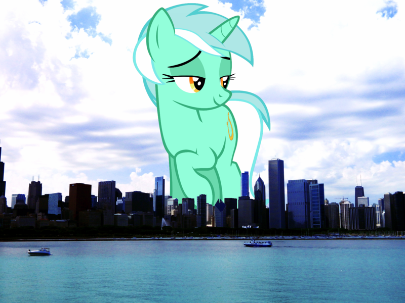 Size: 1920x1440 | Tagged: safe, artist:tardifice, artist:thegiantponyfan, derpibooru import, lyra heartstrings, pony, unicorn, background pony, chicago, cute, female, giant lyra heartstrings, giant pony, giant unicorn, giantess, highrise ponies, illinois, image, irl, looking back, macro, mare, mega giant, photo, png, ponies in real life, raised hoof, smiling, solo