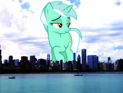 Size: 1920x1440 | Tagged: safe, artist:tardifice, artist:thegiantponyfan, derpibooru import, lyra heartstrings, pony, unicorn, background pony, chicago, cute, female, giant lyra heartstrings, giant pony, giant unicorn, giantess, highrise ponies, illinois, image, irl, looking back, macro, mare, mega giant, photo, png, ponies in real life, raised hoof, smiling, solo