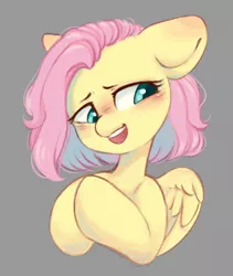 Size: 878x1039 | Tagged: safe, artist:melodylibris, derpibooru import, fluttershy, pegasus, pony, alternate hairstyle, blushing, bust, cute, female, floppy ears, gray background, hooves together, image, jpeg, looking away, mare, open mouth, open smile, short mane, shyabetes, simple background, smiling, solo
