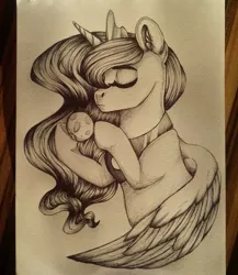 Size: 1668x1920 | Tagged: safe, artist:moonert, derpibooru import, princess luna, alicorn, pony, bust, ear fluff, eyes closed, female, hoof hold, image, inktober, inktober 2018, jpeg, mare, moon, peytral, solo, tangible heavenly object, traditional art