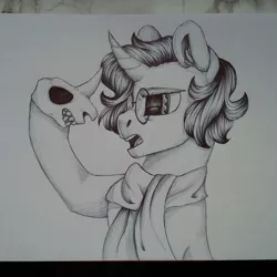 Size: 1920x1920 | Tagged: safe, artist:moonert, derpibooru import, oc, unofficial characters only, pony, unicorn, bust, clothes, ear fluff, glasses, hoof hold, horn, image, inktober, inktober 2018, jpeg, scarf, skull, solo, traditional art, unicorn oc