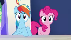 Size: 1280x720 | Tagged: safe, derpibooru import, screencap, pinkie pie, rainbow dash, earth pony, pegasus, pony, 28 pranks later, season 6, cute, dashabetes, diapinkes, duo, duo female, female, image, looking at you, mare, png, reaction image, staring into your soul