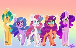 Size: 720x455 | Tagged: safe, derpibooru import, hitch trailblazer, izzy moonbow, pipp petals, sunny starscout, zipp storm, pony, my little pony: a new generation, bracelet, colored hooves, colored horn, cute, female, g5, grin, group, happy, heart eyes, horn, image, izzybetes, jewelry, jpeg, looking at each other, looking at someone, male, mane five (g5), mare, multicolored horn, open mouth, open smile, rainbow background, raised hoof, signature, smiling, stallion, unshorn fetlocks, wingding eyes