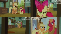 Size: 1280x720 | Tagged: safe, derpibooru import, edit, edited screencap, editor:quoterific, screencap, apple bloom, applejack, big macintosh, earth pony, pony, brotherhooves social, season 5, apple bloom's bow, applejack's hat, bow, cowboy hat, eyes closed, female, filly, foal, hair bow, hat, image, jpeg, male, mare, nose in the air, open mouth, stallion, text