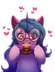 Size: 1850x2400 | Tagged: safe, artist:dinoalpaka, derpibooru import, izzy moonbow, pony, unicorn, blushing, burger, eating, female, food, g5, glasses, heart, image, mare, png, simple background, solo, white background