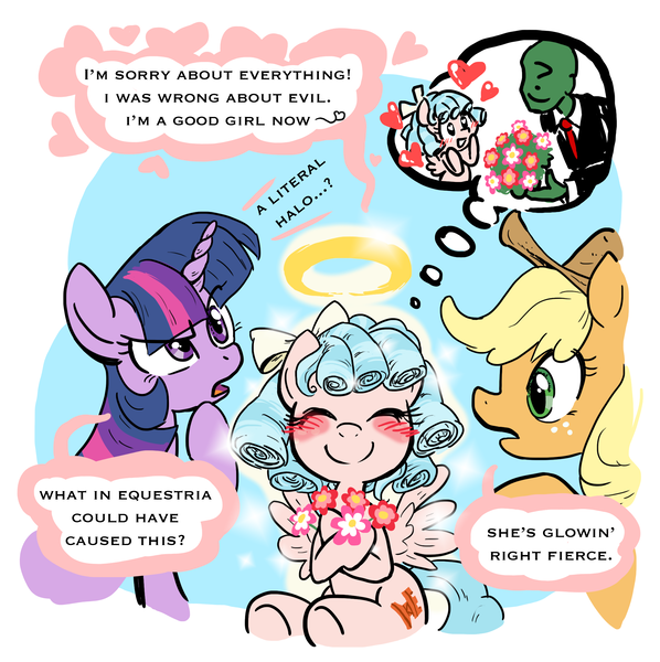 Size: 2076x2084 | Tagged: artist needed, safe, derpibooru import, applejack, cozy glow, twilight sparkle, twilight sparkle (alicorn), oc, oc:anon, alicorn, earth pony, human, pegasus, pony, applejack's hat, blushing, bouquet, cowboy hat, dialogue, eyes closed, female, filly, flower, foal, good end, halo, happy, hat, heart, hoof hold, hoof on chin, human male, image, male, mare, open mouth, png, raised hoof, sitting, smiling, speech bubble, spread wings, talking, thought bubble, tilde, wings