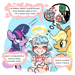 Size: 2076x2084 | Tagged: artist needed, safe, derpibooru import, applejack, cozy glow, twilight sparkle, twilight sparkle (alicorn), oc, oc:anon, alicorn, earth pony, human, pegasus, pony, applejack's hat, blushing, bouquet, cowboy hat, dialogue, eyes closed, female, filly, flower, foal, good end, halo, happy, hat, heart, hoof hold, hoof on chin, human male, image, male, mare, open mouth, png, raised hoof, sitting, smiling, speech bubble, spread wings, talking, thought bubble, tilde, wings