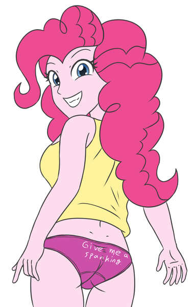 Size: 1939x3065 | Tagged: suggestive, artist:sumin6301, derpibooru import, pinkie pie, equestria girls, clothes, image, imminent spanking, jpeg, looking at you, pink panties, simple background, tanktop, underwear, white background