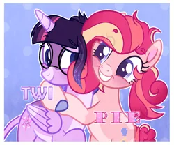 Size: 1697x1411 | Tagged: safe, artist:moonlightdisney5, derpibooru import, pinkie pie, twilight sparkle, twilight sparkle (alicorn), alicorn, earth pony, the summer sun setback, blushing, eyebrows, female, freckles, glasses, hug, image, lesbian, png, redesign, shipping, smiling, twinkie