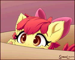 Size: 1000x800 | Tagged: safe, artist:symbianl, derpibooru import, apple bloom, earth pony, pony, adorabloom, animated, box, cute, eye shimmer, female, filly, foal, gif, image, peeking, solo, symbianl is trying to murder us