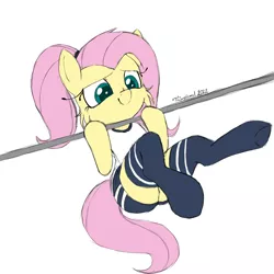 Size: 1080x1080 | Tagged: safe, artist:fajnyziomal, derpibooru import, fluttershy, pegasus, pony, clothes, commission, gym, gym shorts, image, jpeg, ponytail, school uniform, socks, solo, workout, your character here