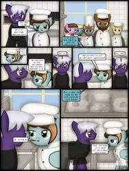 Size: 1750x2333 | Tagged: safe, artist:99999999000, derpibooru import, oc, oc:chen lifan, oc:firearm king, unofficial characters only, earth pony, pony, comic:journey, chef, chef's hat, clothes, comic, cook, dishes, door, female, hat, image, kitchen, male, plate, png, spoon, window