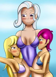 Size: 1024x1409 | Tagged: suggestive, artist:zombishop, derpibooru import, fuchsia blush, lavender lace, trixie, equestria girls, breasts, female, group, image, jpeg, lesbian, size difference, trio, trio female, trixie and the illusions