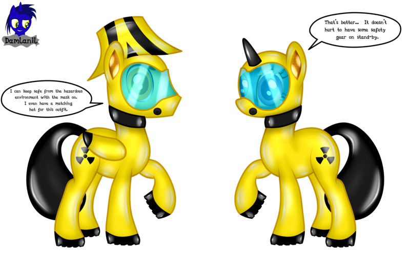 Size: 6672x4154 | Tagged: safe, artist:damlanil, derpibooru import, oc, oc:ferb fletcher, oc:zipper zest, pegasus, pony, unicorn, boots, clothes, collar, comic, commission, duo, female, gas mask, hazmat pony drone, hazmat suit, horn, image, latex, latex boots, latex suit, looking at you, male, mare, mask, png, raised hoof, rubber, rubber drone, shiny, shoes, show accurate, simple background, speech bubble, stallion, suit, text, transparent background, vector, wings