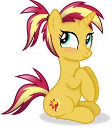 Size: 3410x3894 | Tagged: safe, artist:anime-equestria, derpibooru import, sunset shimmer, pony, unicorn, :3, alternate hairstyle, blushing, cute, female, horn, image, mare, png, ponytail, simple background, sitting, smiling, solo, transparent background, vector