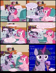 Size: 1042x1358 | Tagged: safe, artist:dendoctor, derpibooru import, mean twilight sparkle, pinkie pie, twilight sparkle, twilight sparkle (alicorn), alicorn, earth pony, pony, comic:clone.., alternate universe, bed, blanket, blue screen of death, clone, comic, female, food, glow, glowing horn, horn, ice cream, image, jpeg, magic, pillow, pinkie clone, plushie, telekinesis, toy