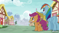 Size: 640x360 | Tagged: safe, derpibooru import, screencap, rainbow dash, scootaloo, spitfire, pegasus, pony, newbie dash, season 6, animated, clothes, female, filly, flying, foal, gif, gifs.com, goggles, image, mare, open mouth, open smile, smiling, spread wings, trio, uniform, wings, wonderbolts uniform