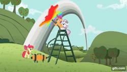 Size: 640x360 | Tagged: safe, derpibooru import, edit, edited screencap, screencap, apple bloom, scootaloo, sweetie belle, earth pony, pegasus, pony, unicorn, hearts and hooves day (episode), season 2, animated, apple bloom's bow, bow, cartoon physics, clothes, cutie mark crusaders, female, filly, foal, gif, gifs.com, hair bow, image, open clothes, rainbow, reversed, trio, vacuum cleaner