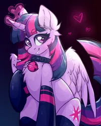 Size: 1447x1811 | Tagged: safe, artist:rico_chan, derpibooru import, twilight sparkle, twilight sparkle (alicorn), alicorn, pony, bell, bell collar, black background, cat bell, clothes, collar, ear fluff, g4, image, magic, png, simple background, sketch, smiling, socks, solo, stockings, thigh highs