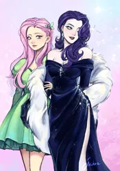 Size: 735x1053 | Tagged: safe, artist:sasha. a__, derpibooru import, fluttershy, rarity, human, alternate hairstyle, clothes, dress, duo, ear piercing, earring, evening gloves, eyeshadow, female, flarity, fur coat, gloves, grin, hair over one eye, humanized, image, jewelry, jpeg, lesbian, lipstick, long gloves, makeup, necklace, one eye closed, piercing, shipping, smiling, wink