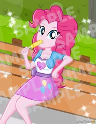 Size: 465x600 | Tagged: suggestive, artist:jakepixels, derpibooru import, pinkie pie, equestria girls, breasts, busty pinkie pie, food, hot, image, looking at you, obtrusive watermark, park, png, popsicle, sample, seat, sitting, summer, watermark