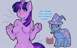 Size: 4000x2503 | Tagged: suggestive, artist:camperchan, derpibooru import, trixie, twilight sparkle, anthro, anthro with ponies, blushing, book, dialogue, duo, duo female, female, image, jpeg, spell